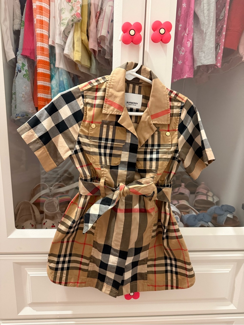 Burberry Beige Black Red Nova Check Tie-Waist Shirt Dress